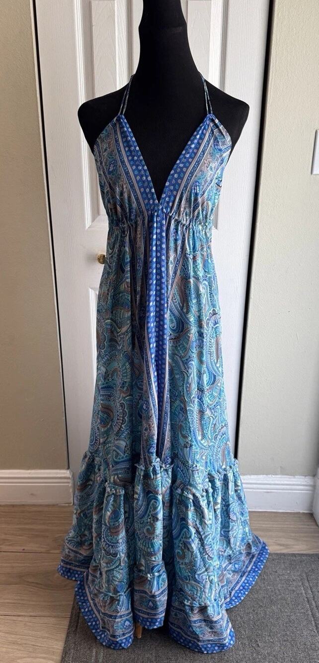 Zury Silk Blend Paisley Boho Festival Colorful Maxi V Neck Dress One Size